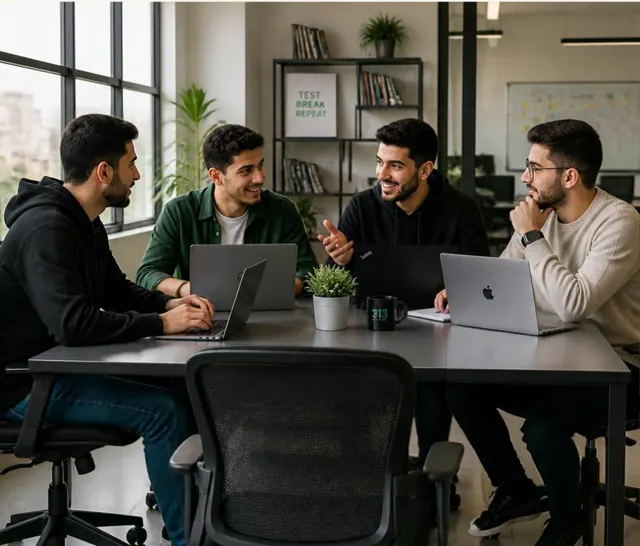 أربعة شباب يجلسون حول طاولة ومعهم لابتوبات، وأفضل الطلاب يحصلون على فرصة تدريب